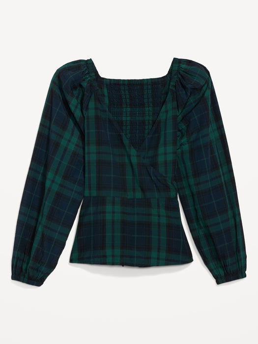 Puff-Sleeve Plaid Smocked Seersucker Wrap Blouse for Women - Blue