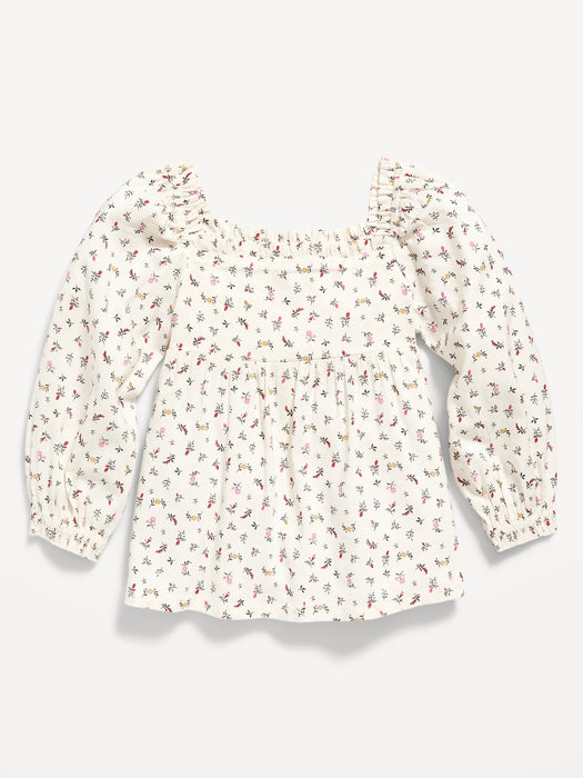 Long-Sleeve Ruffle-Trim Floral Top for Toddler Girls - Beige