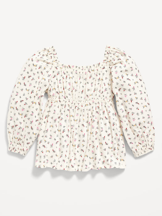 Long-Sleeve Ruffle-Trim Floral Top for Toddler Girls - Beige