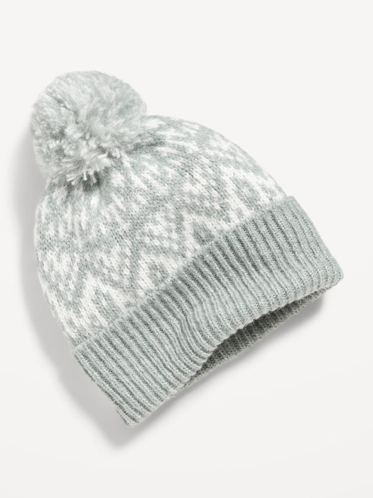 Cozy Sweater-Knit Fair Isle Pom-Pom Beanie Hat for Girls