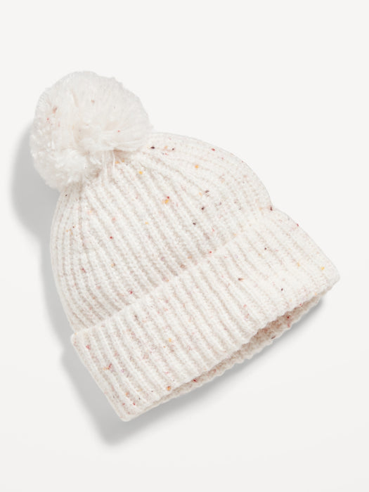 Cozy Sweater-Knit Pom-Pom Beanie Hat for Girls - Beige