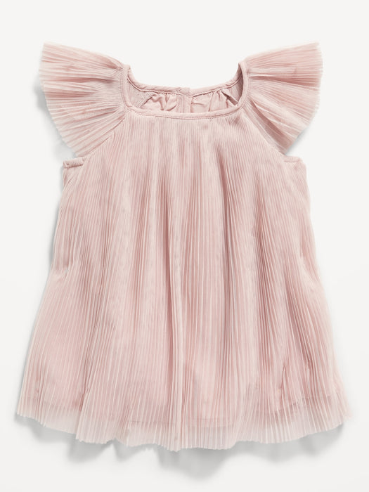 Flutter-Sleeve Pleated Tulle Swing Dress for Baby - Pink