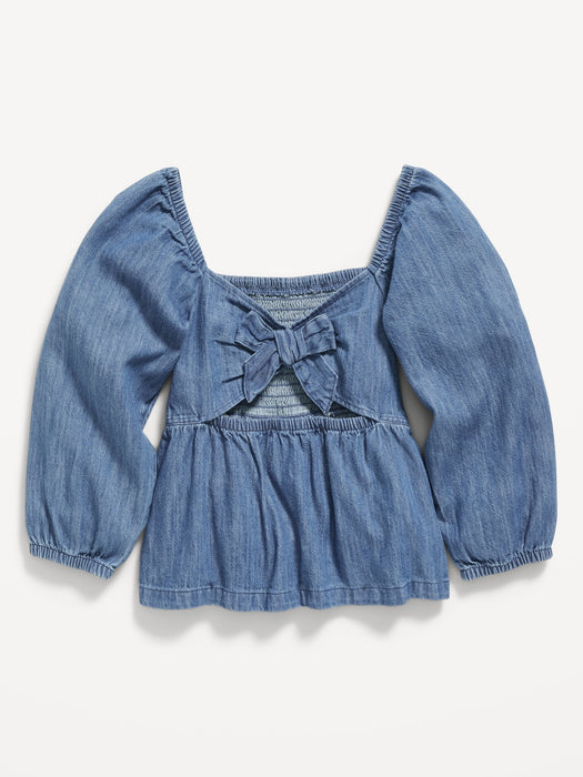 Smocked Cutout Bow-Detailed Jean Top for Girls