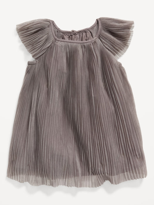 Flutter-Sleeve Pleated Tulle Swing Dress for Baby - Gray