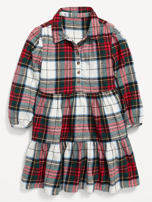 Long-Sleeve Tiered Flannel Shirt Dress for Toddler Girls - White