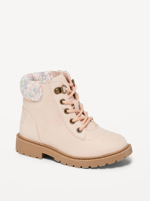 Faux-Suede Sweater-Cuff Lace-Up Boots for Toddler Girls