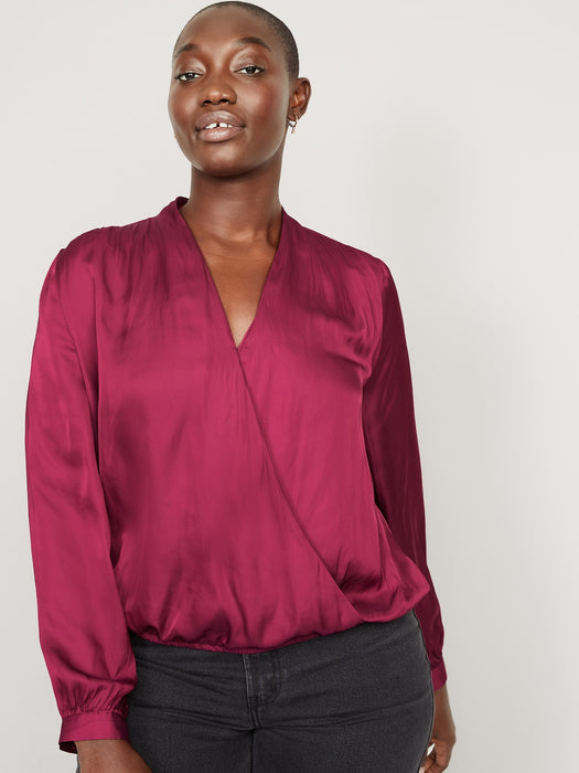 Cross-Front Satin Long-Sleeve Blouse for Women