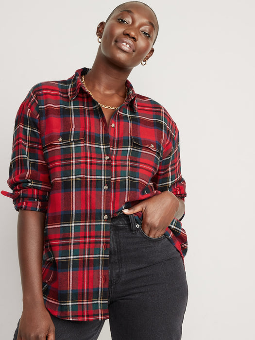 Long-Sleeve Plaid Flannel Boyfriend Tunic Shirt for Women