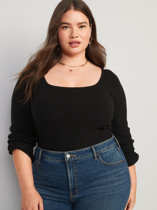 Fitted Cropped Square-Neck Rib-Knit Sweater for Women