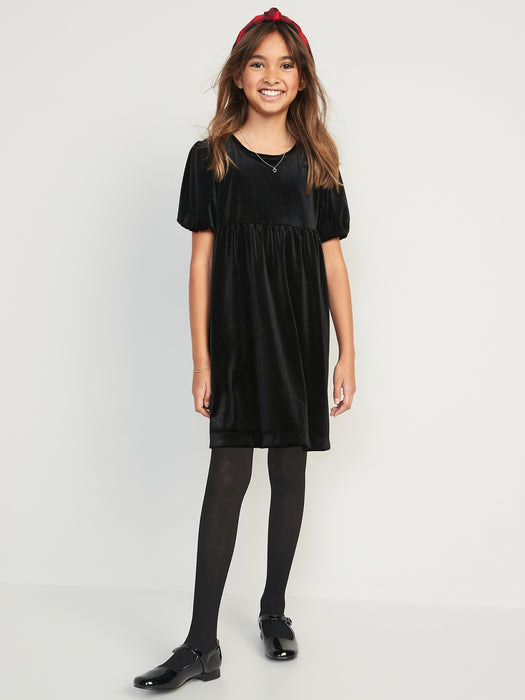 Cozy Velour Puff-Sleeve Swing Dress for Girls