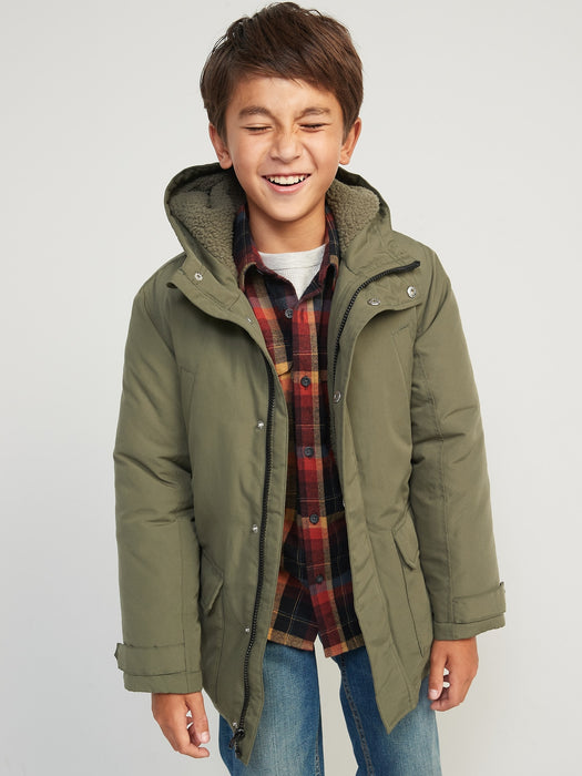 Gender-Neutral Water-Resistant Hooded Sherpa-Lined Utility-Pocket Jacket for Kids - Green
