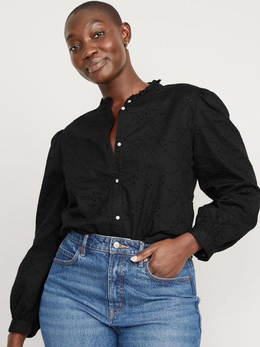 Ruffle-Neck Eyelet Cutwork Shirt for Women