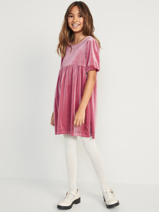 Cozy Velour Puff-Sleeve Swing Dress for Girls