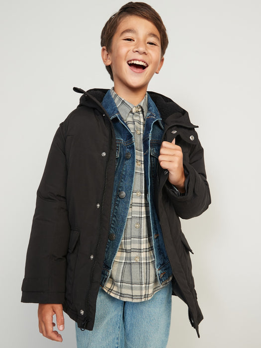 Gender-Neutral Water-Resistant Hooded Sherpa-Lined Utility-Pocket Jacket for Kids