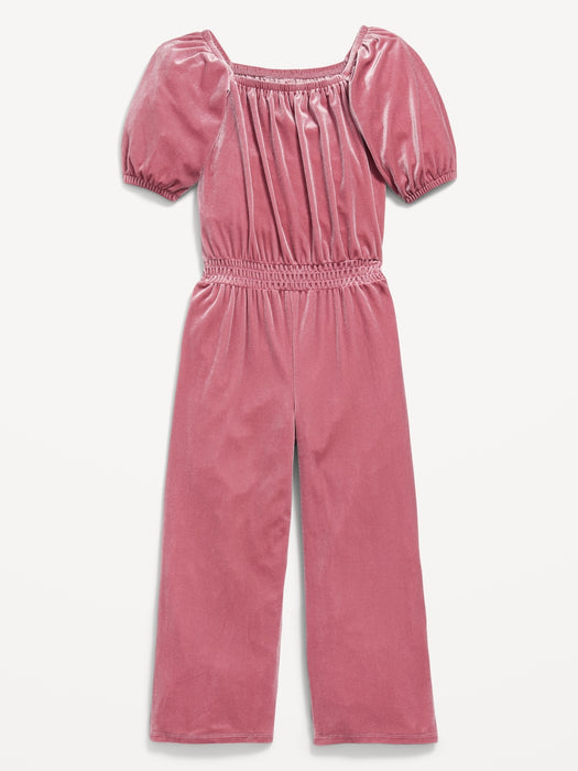 Cozy Velvet Puff-Sleeve Smocked Jumpsuit for Girls