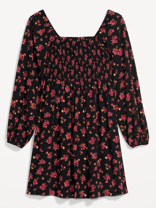 Fit & Flare Puff-Sleeve Floral Smocked Mini Dress for Women - Black