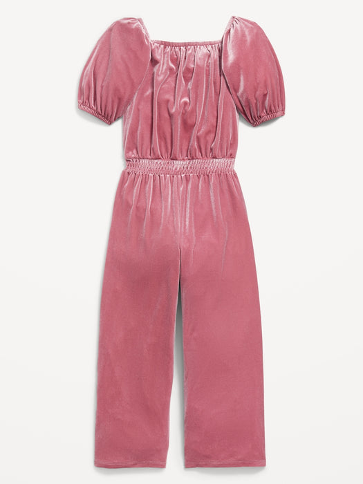 Cozy Velvet Puff-Sleeve Smocked Jumpsuit for Girls