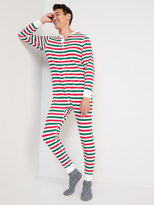 Thermal-Knit Matching Print One-Piece Pajamas for Men - Multi