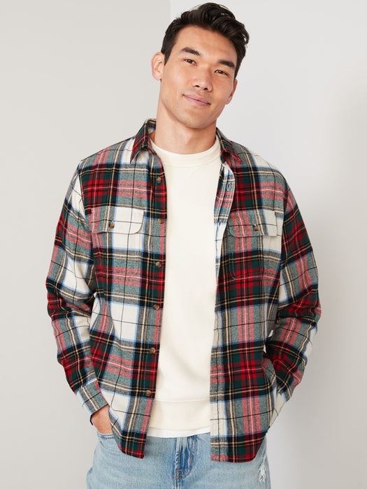 Regular-Fit Plaid Double-Brushed Flannel Shirt for Men