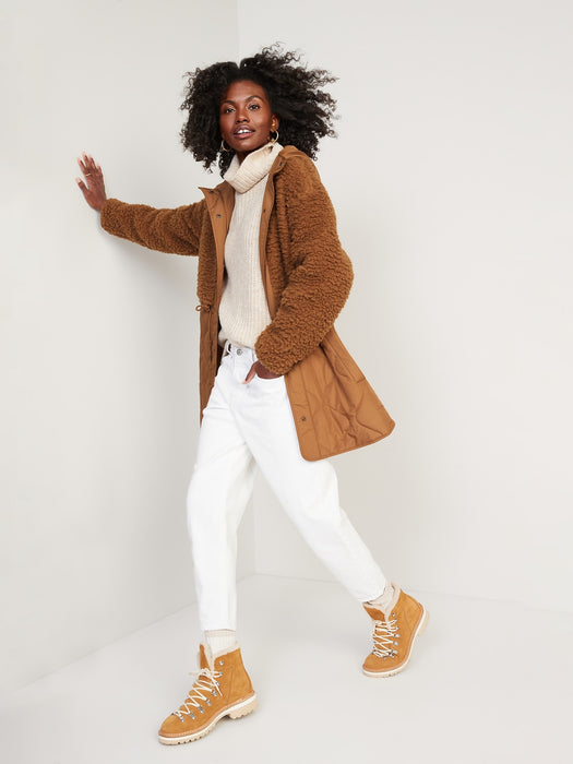 Hooded Sherpa Quilted Hybrid Coat for Women