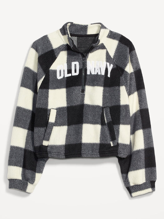 Oversized Buffalo Plaid Logo Sherpa Quarter-Zip Sweatshirt for Women