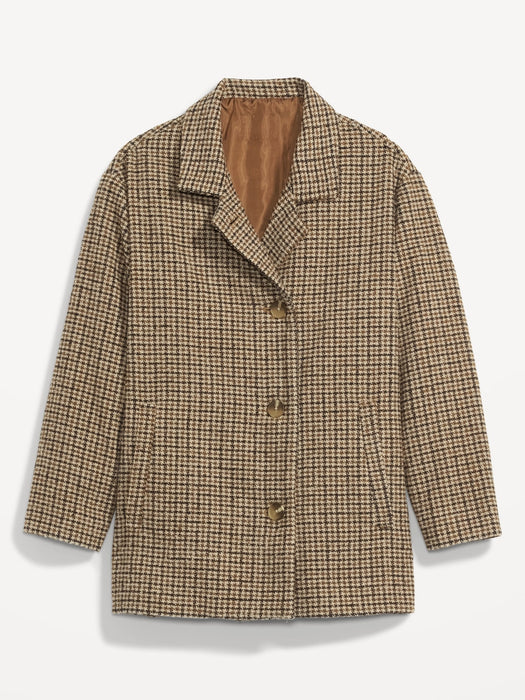 Soft-Brushed Houndstooth Plaid Button-Front Car Coat for Women