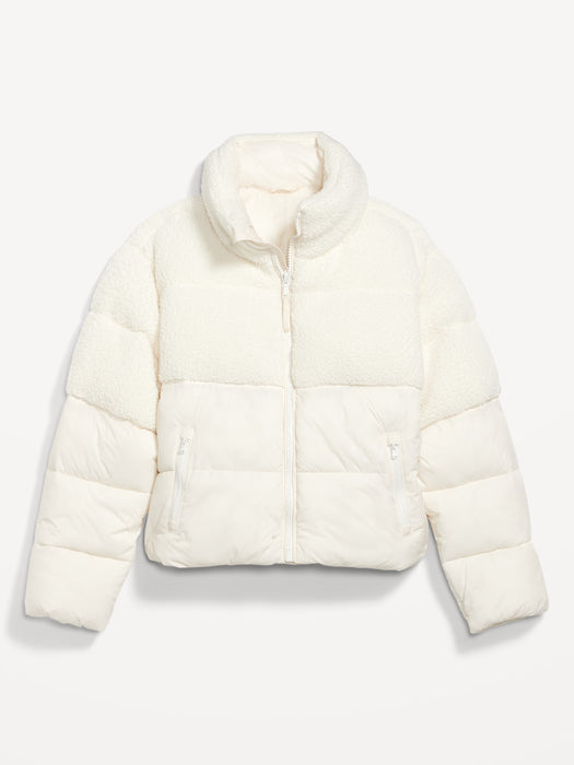 Short Sherpa-Paneled Puffer Jacket for Women - White