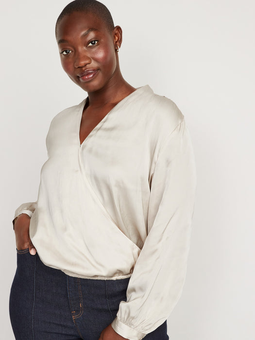 Cross-Front Satin Long-Sleeve Blouse for Women
