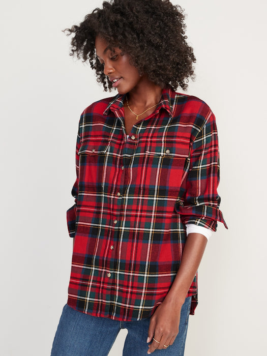 Long-Sleeve Plaid Flannel Boyfriend Tunic Shirt for Women