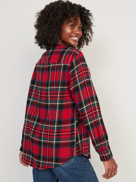 Long-Sleeve Plaid Flannel Boyfriend Tunic Shirt for Women