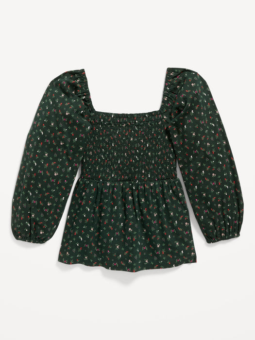 Long-Sleeve Smocked Floral-Print Cutout Bow Top for Girls - Green