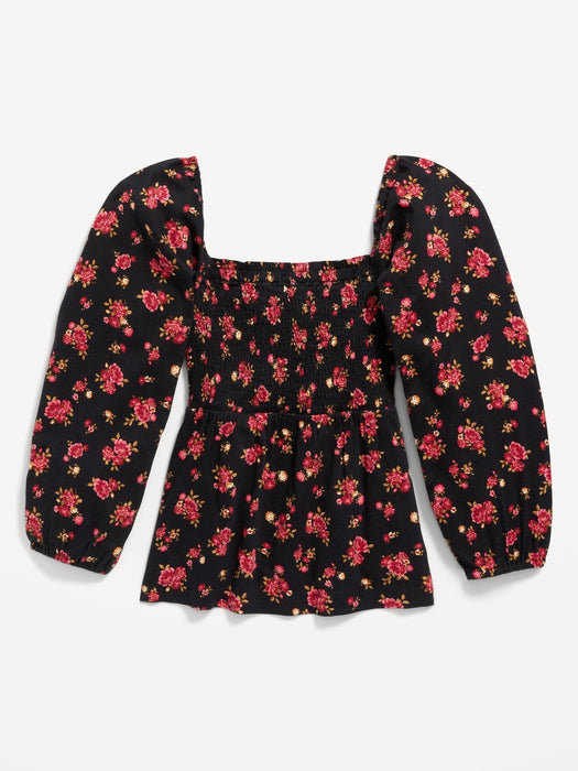 Long-Sleeve Smocked Floral-Print Cutout Bow Top for Girls