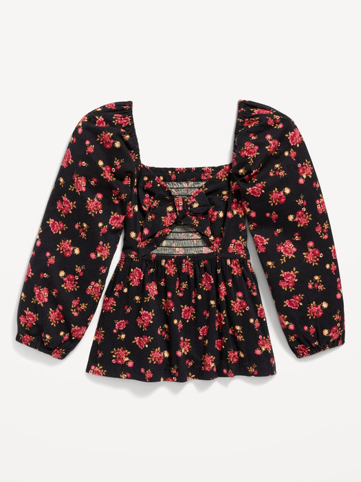 Long-Sleeve Smocked Floral-Print Cutout Bow Top for Girls