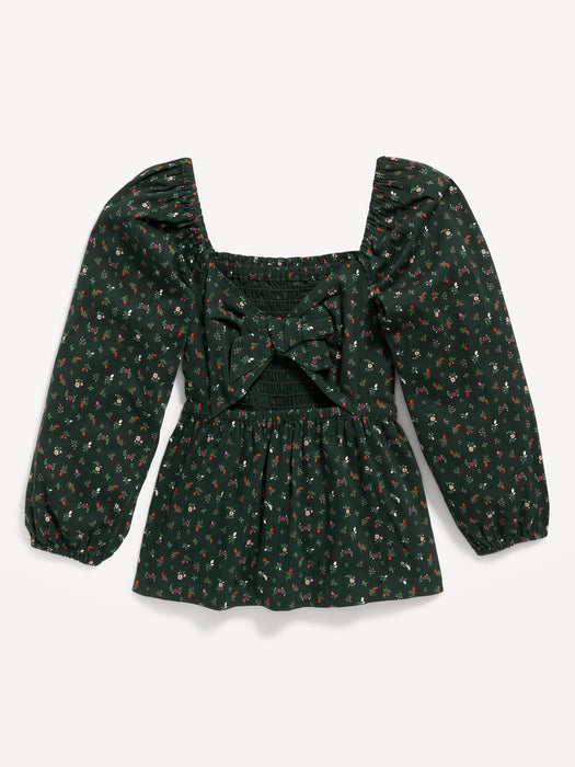 Long-Sleeve Smocked Floral-Print Cutout Bow Top for Girls - Green