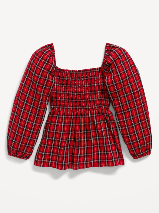 Long-Sleeve Smocked Plaid Cutout Bow Top for Girls - Red