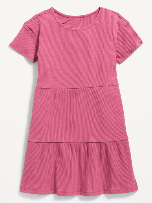 Short-Sleeve Rib-Knit Tiered Swing Dress for Girls