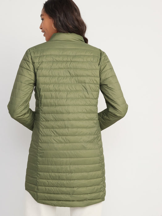 Water-Resistant Quilted Zip-Front Tunic Jacket for Women - Green