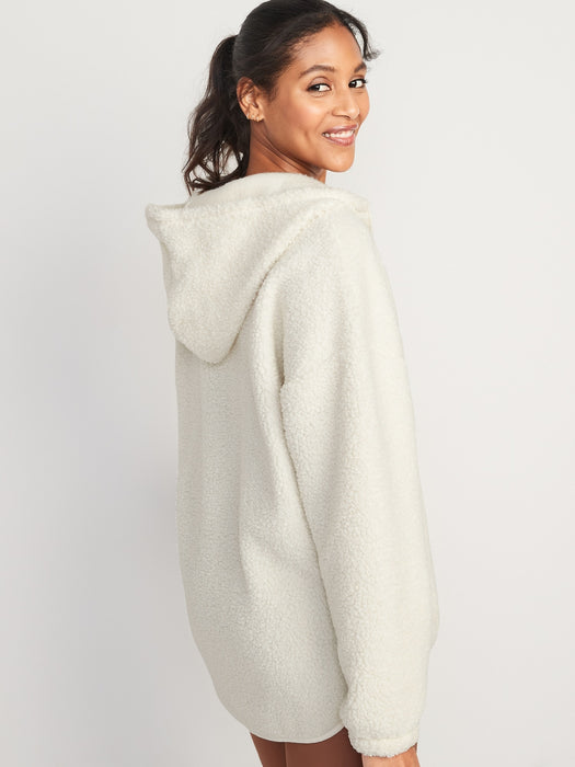 Cozy Sherpa Half-Zip Tunic Hoodie for Women - White