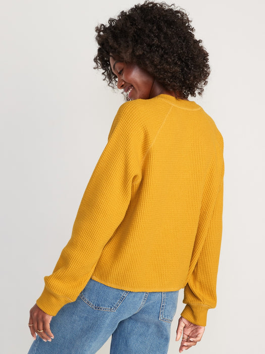 Thermal-Knit Raglan-Sleeve Henley T-Shirt for Women