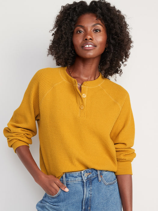 Thermal-Knit Raglan-Sleeve Henley T-Shirt for Women