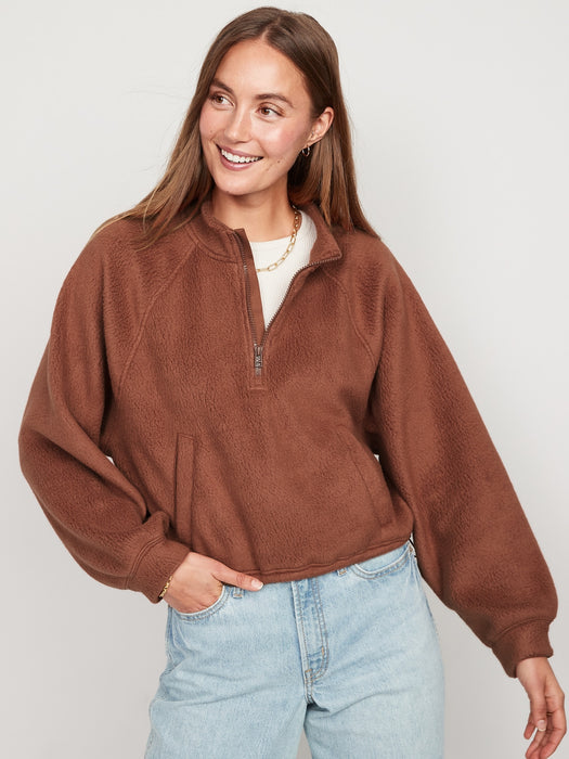 Oversized Sherpa Half-Zip Sweatshirt for Women - Brown