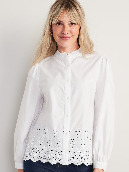 Collarless Embroidered Scalloped Shirt for Women