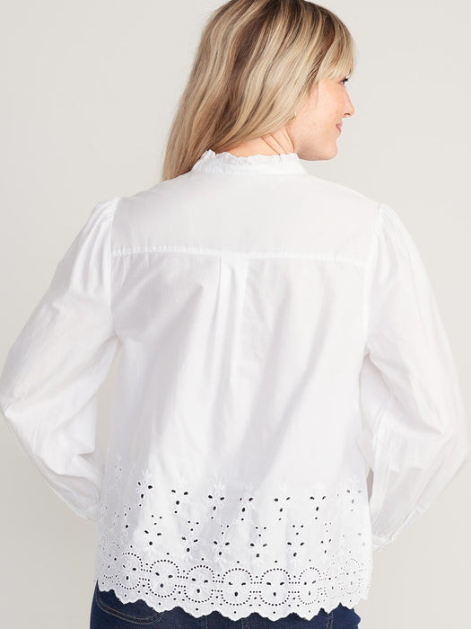 Collarless Embroidered Scalloped Shirt for Women