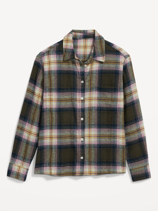 Cropped Plaid Flannel Boyfriend Shirt for Women - Green
