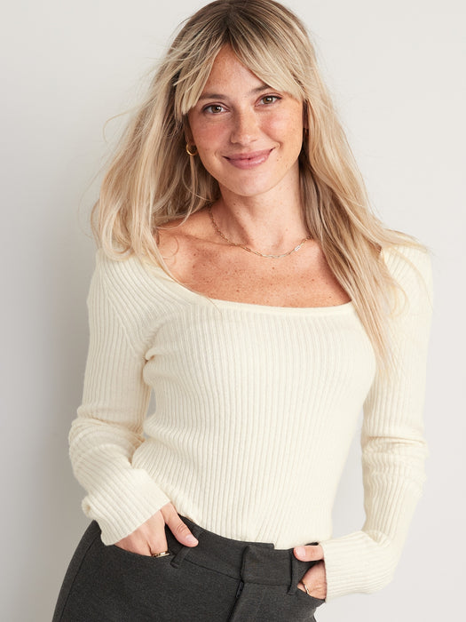 Fitted Cropped Square-Neck Rib-Knit Sweater for Women - White