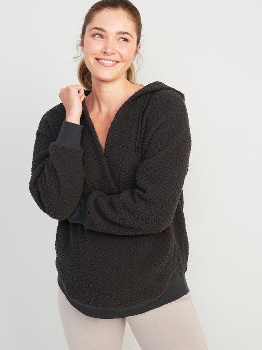Maternity Sherpa Cross-Front Nursing Tunic Hoodie - Black