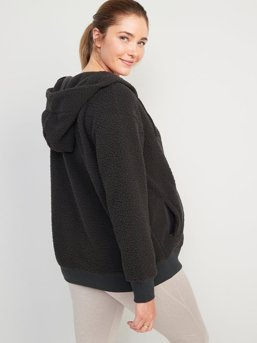 Maternity Sherpa Cross-Front Nursing Tunic Hoodie - Black