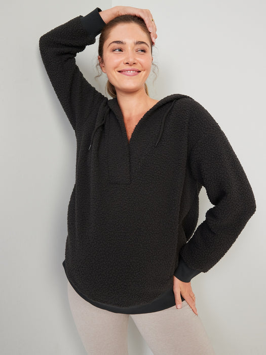 Maternity Sherpa Cross-Front Nursing Tunic Hoodie - Black