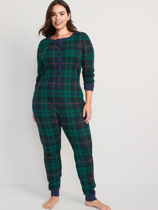 Matching Printed Thermal-Knit One-Piece Pajamas for Women - Multi