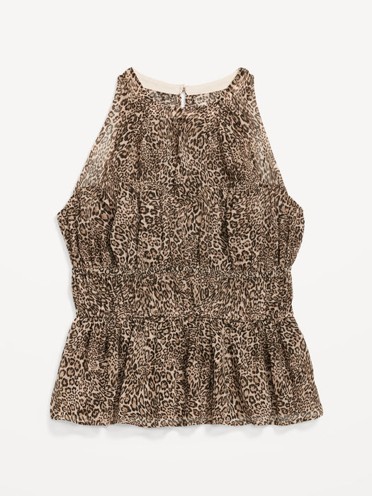 Sleeveless Shirred Crinkled Peplum Blouse for Women